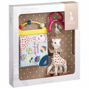 Geschenkset zur Geburt Sophie la girafe® (1 Sophie la girafe® + 1 Entdeckerbuch + 1 Kugelrassel)