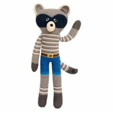 Stricktier / grau-weißer Waschbär mit blauer Hose (Handarbeit)