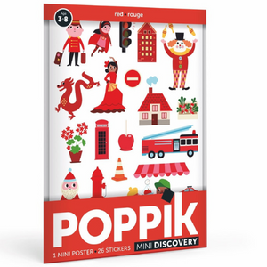 Poppik Stickerposter - Mini Discovery (1 Poster A4 + 21 Sticker) / Stadt / Rot (3-8 J.)