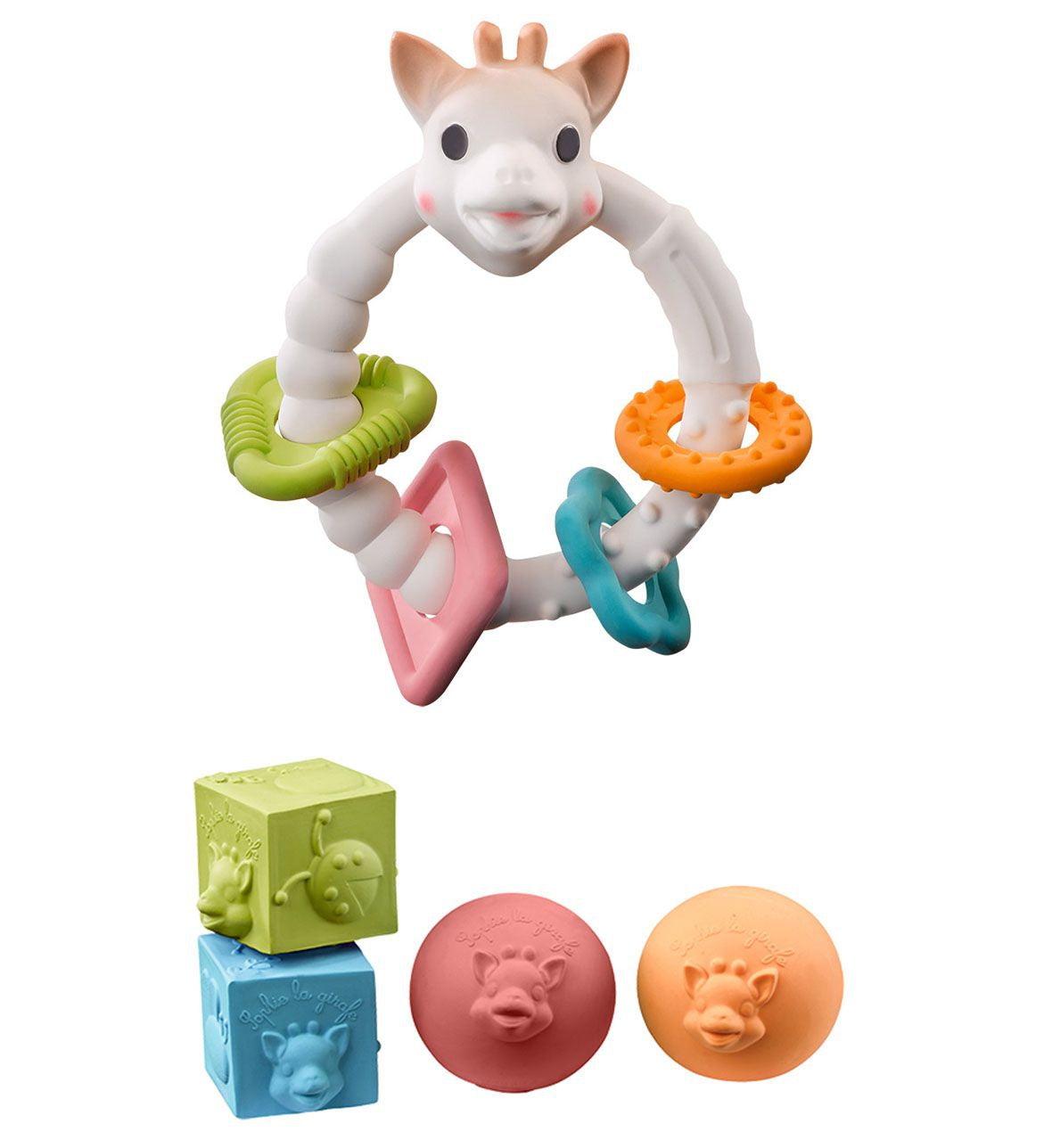 Sophie la girafe® So'Pure - Geschenkset Beißring Colo'rings / 2 Bälle u. 2 Würfel / Naturkautschuk