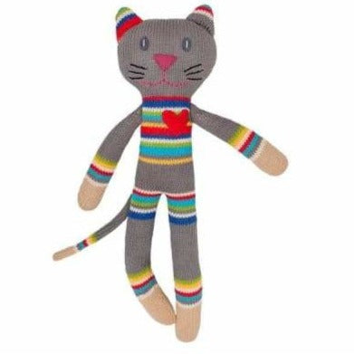 Stricktier / Stricktier / graue Katze mit bunten Streifen und rotem Herzen (Handarbeit)